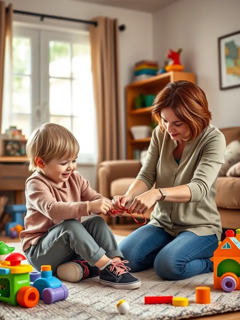 A therapist demonstrating a daily living skill to a child in a home-like setting. The focus is on promoting independence and self-sufficiency.