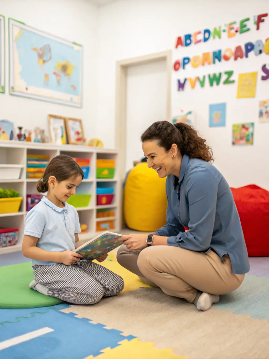 A therapist using visual aids and communication tools to help a child express themselves and understand instructions.