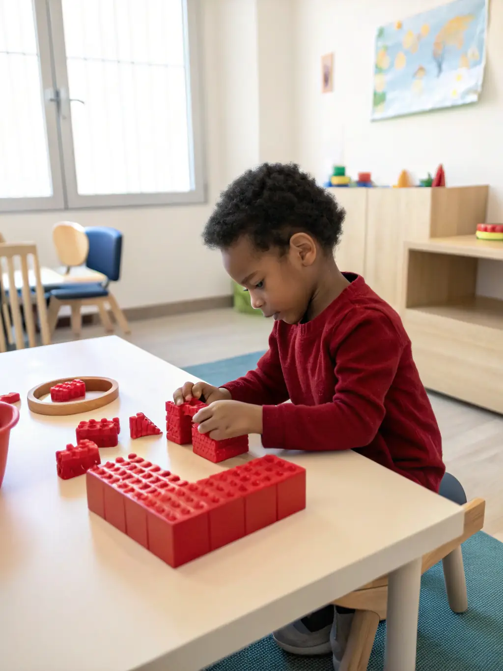 A child with autism smiling while playing with building blocks, guided by a therapist in a brightly lit room. The scene should convey a sense of accomplishment and joy.