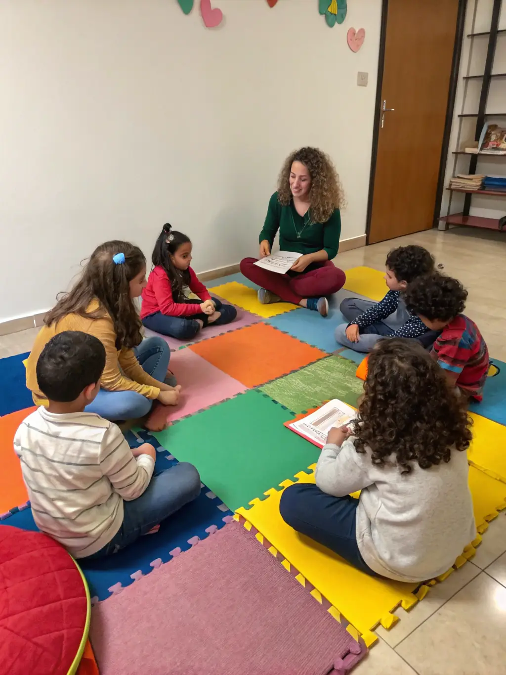 A group of children participating in a social skills activity, supervised by therapists. The setting should be inclusive and encouraging.