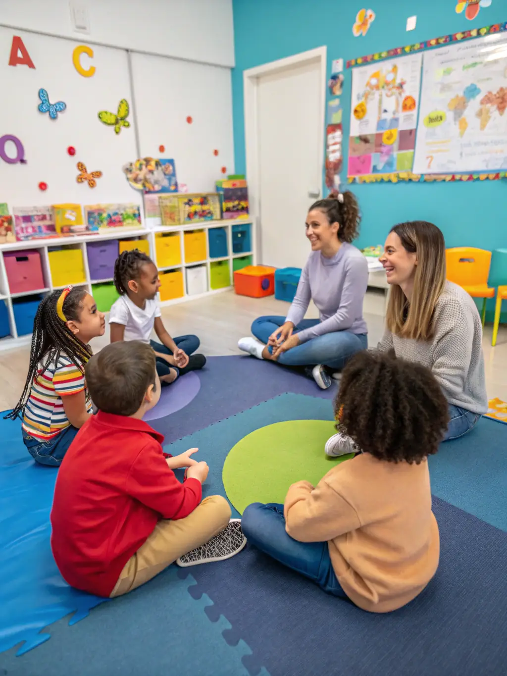 A group of children participating in a social skills group activity, guided by a therapist, promoting peer interaction and communication.